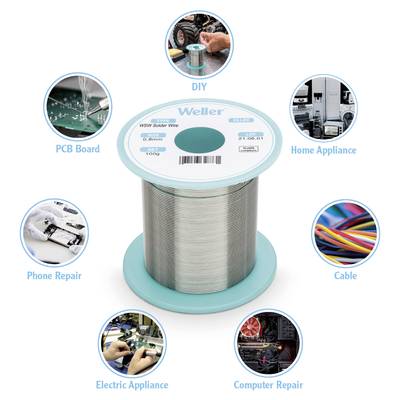 A reel of solder from Weller in the centre, surrounded by symbols for applications: DIY, motherboards, hobby, mobile phone, cable, electrical and computer repairs.