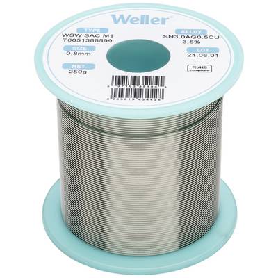 Solder tin reel with 'Weller' inscription. Details: Type WSW SAC M1, alloy SN3.0AG0.5CU, diameter 0.8 mm, net weight 250 g.