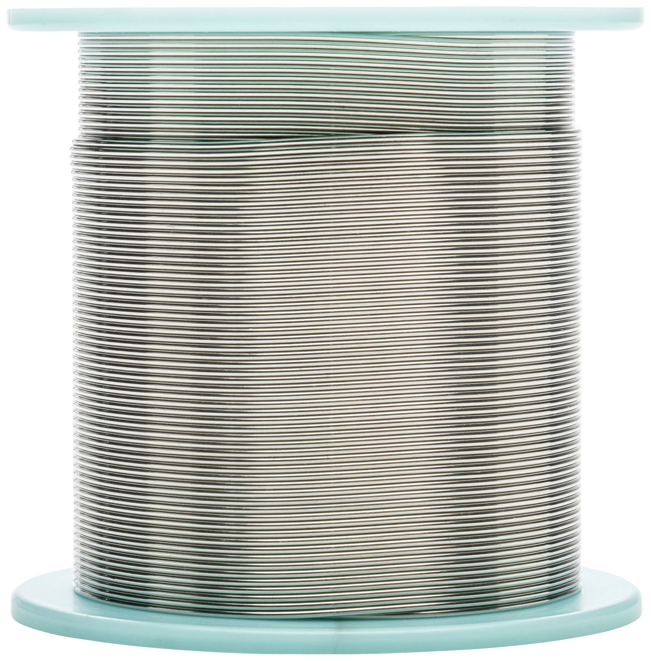 Large reel of silver metallic wire, tightly and evenly wound. Suitable for soldering work or craft projects.