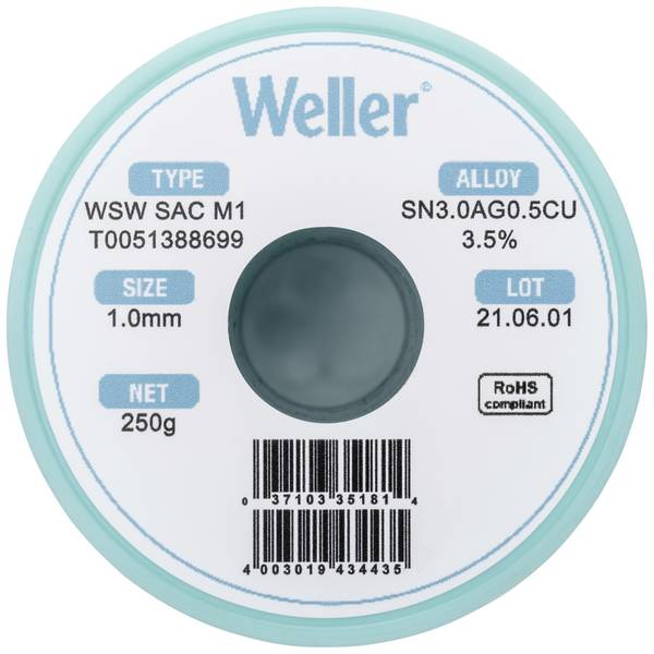 Weller WSW SAC M1 Solder, lead-free Reel Sn3,0Ag0,5Cu 250 g 1 mm
