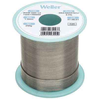 A Weller solder tin reel of type WSW SAC L0, alloy SN3.0AG0.5CU, size 1.0mm, 250g, manufactured on 21.05.01.
