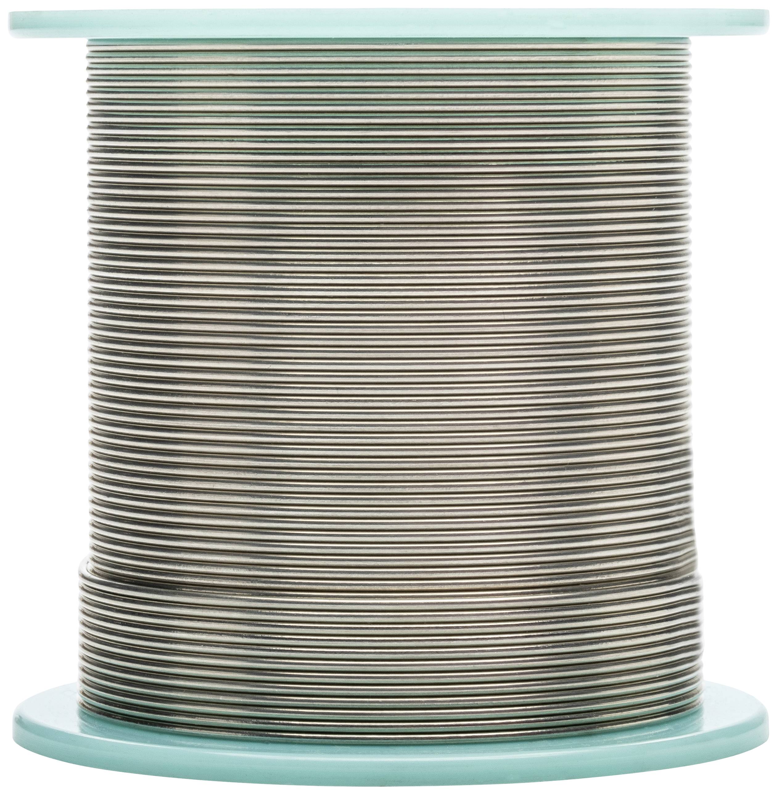 A large reel of silver-coloured wire, wound and coiled from top to bottom in uniform rows.