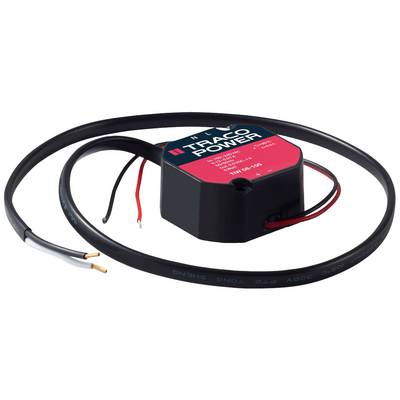 A Traco Power electronic device, cylindrical in shape, with two protruding black cables; electronic component.