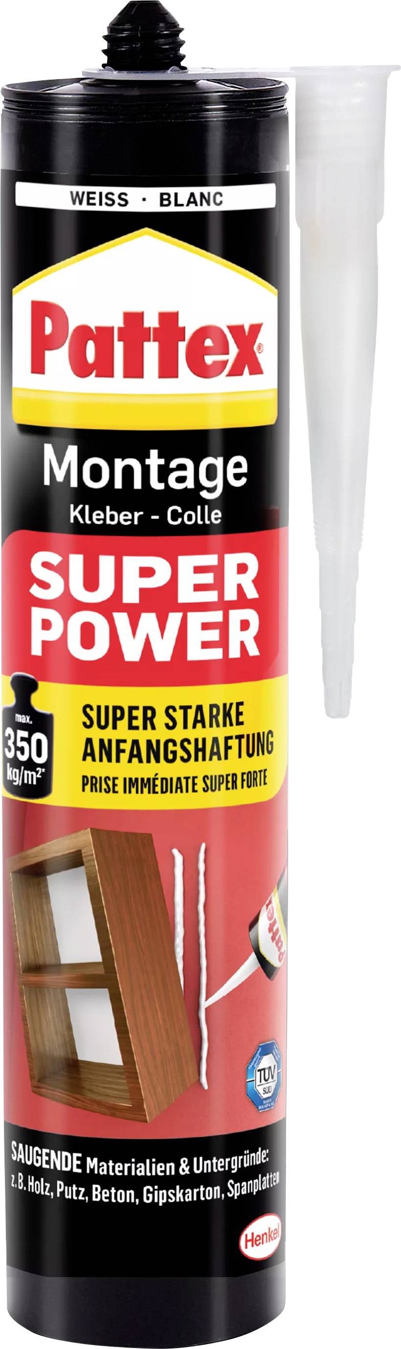 Pattex Mounting Super Power Adhesive in a black cartridge with a red label, suitable for absorbent materials and surfaces.