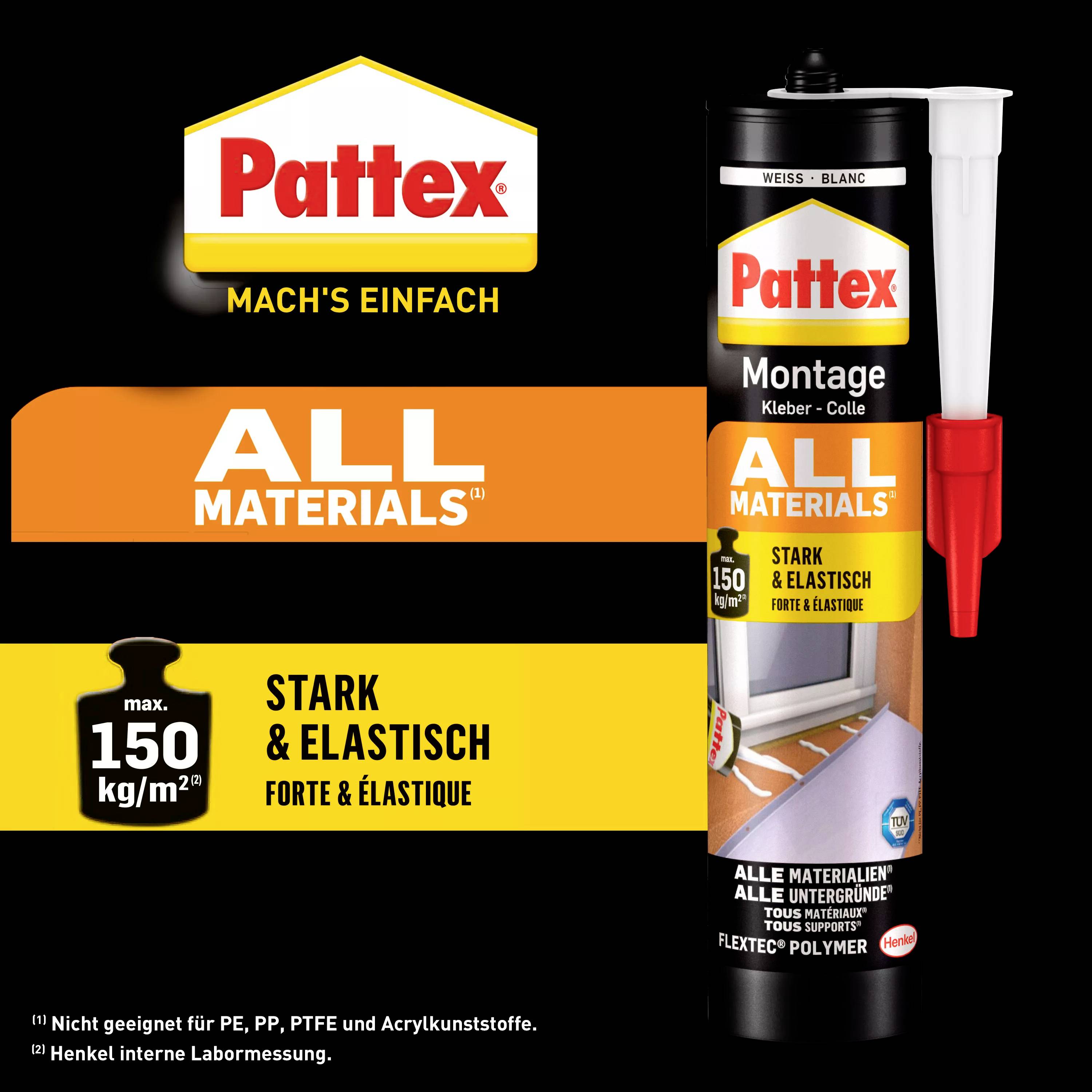 'Pattex All Materials' Adhesive. Packaging in black, white and orange with text: 'Strong & Elastic, max. 150 kg/m²'.