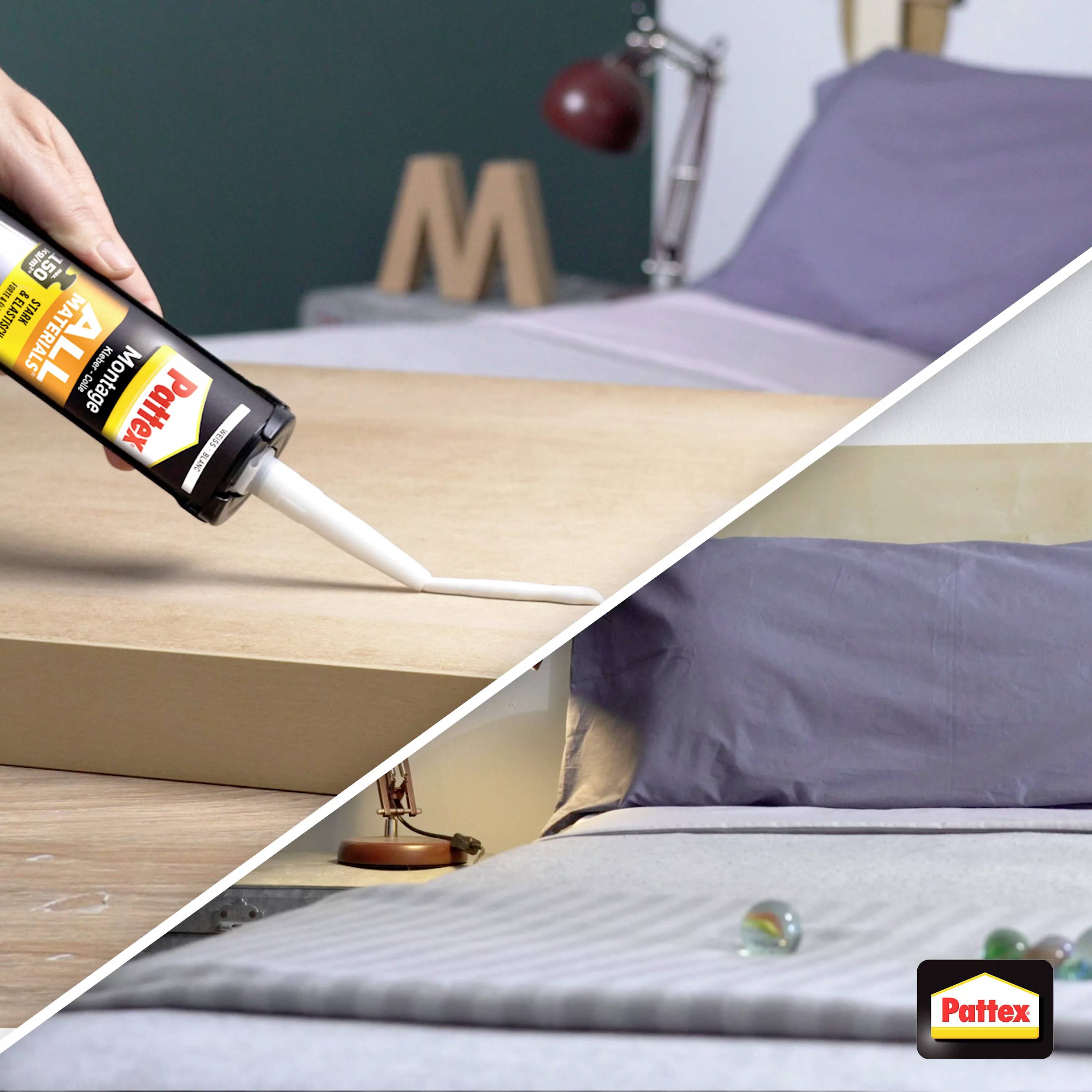 A space in two perspectives: Above shows the application of glue on wood; below, a finished bed with grey bedding.