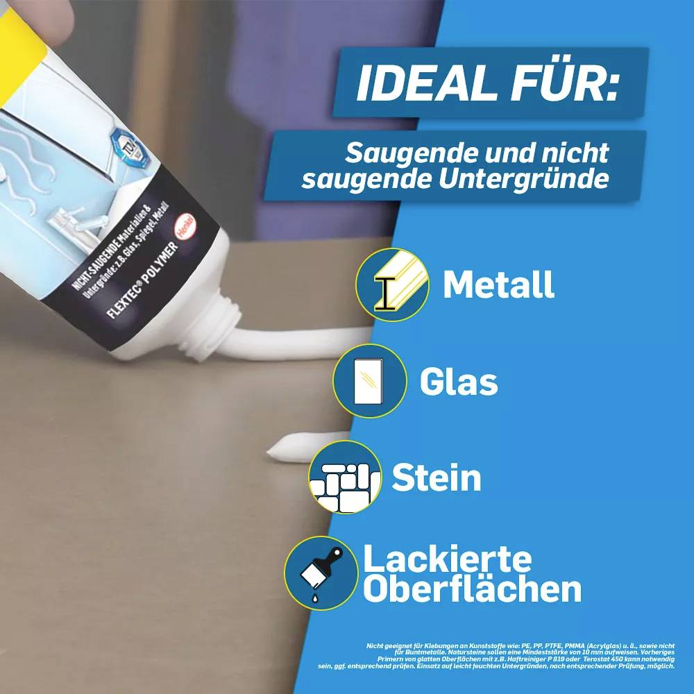 A tube of sealant lies on a table. Text: 'Ideal for: Metal, Glass, Stone, Painted Surfaces'.