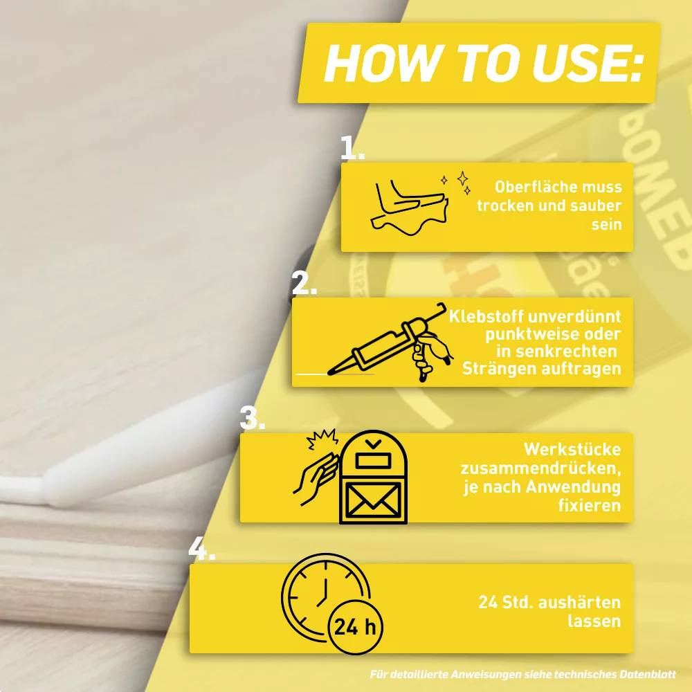 'How to Use' Instructions in Four Steps: 1. Clean surface. 2. Apply adhesive. 3. Press parts together. 4. Allow to dry for 24 hours.