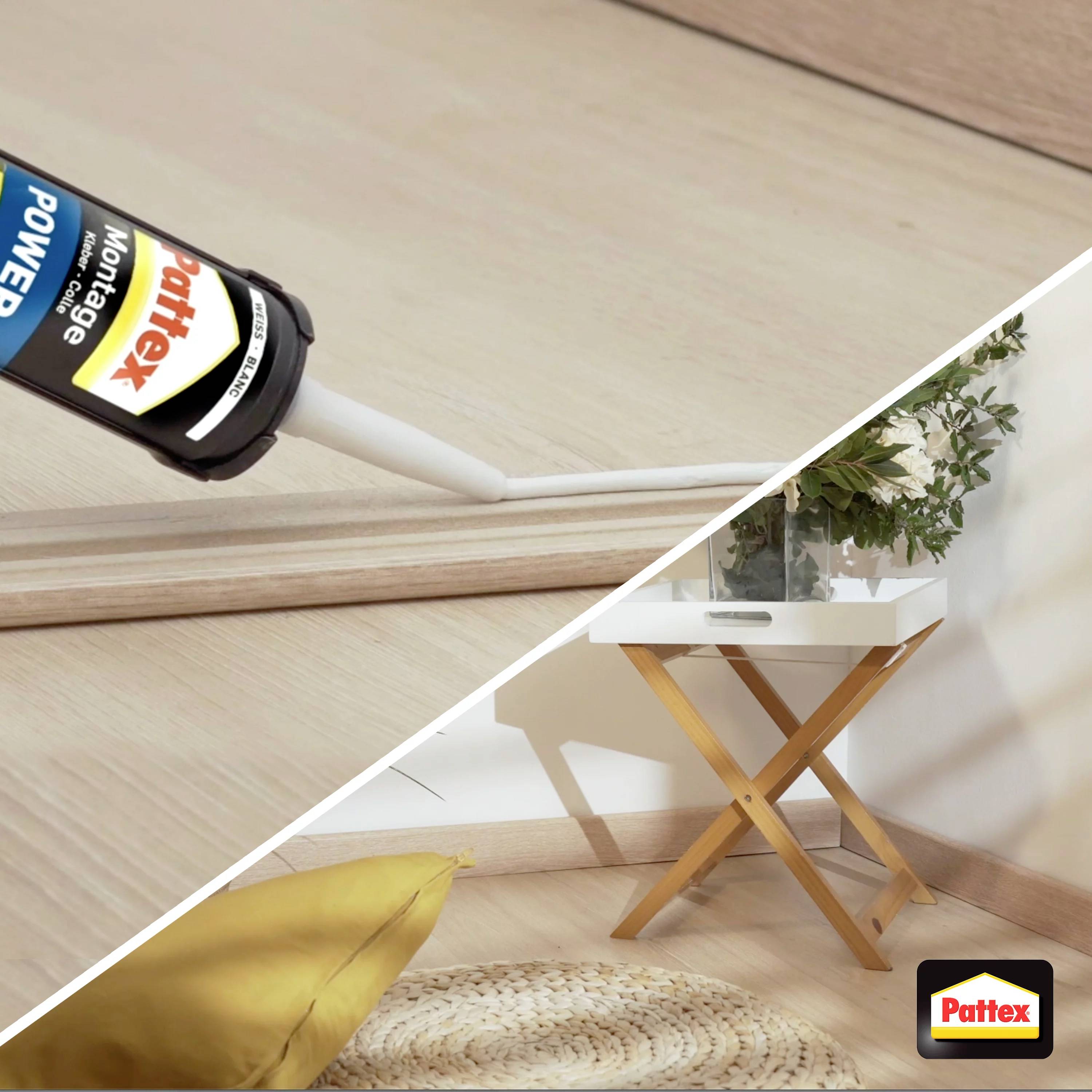 A hand applies Pattex adhesive from a cartridge to a wooden joint. A small table with a plant stands in the room.