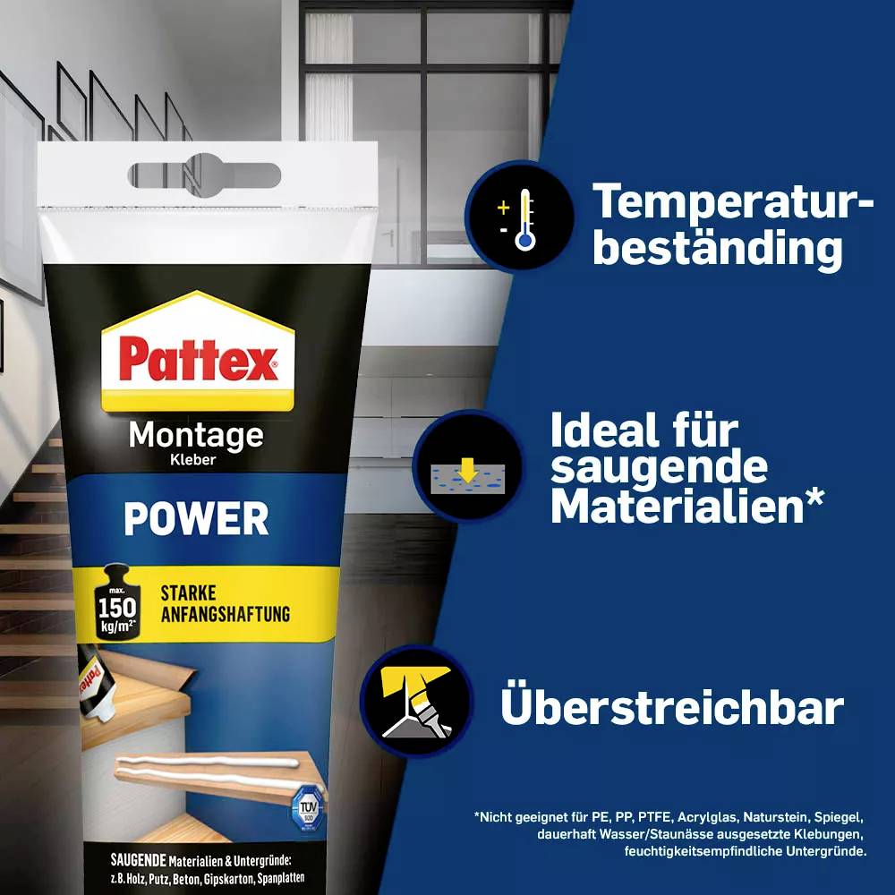 'Pattex Mounting Adhesive Power' Tube in front of modern living space. Left text: 'Heat-resistant', 'Ideal for porous materials', 'Paintable'.