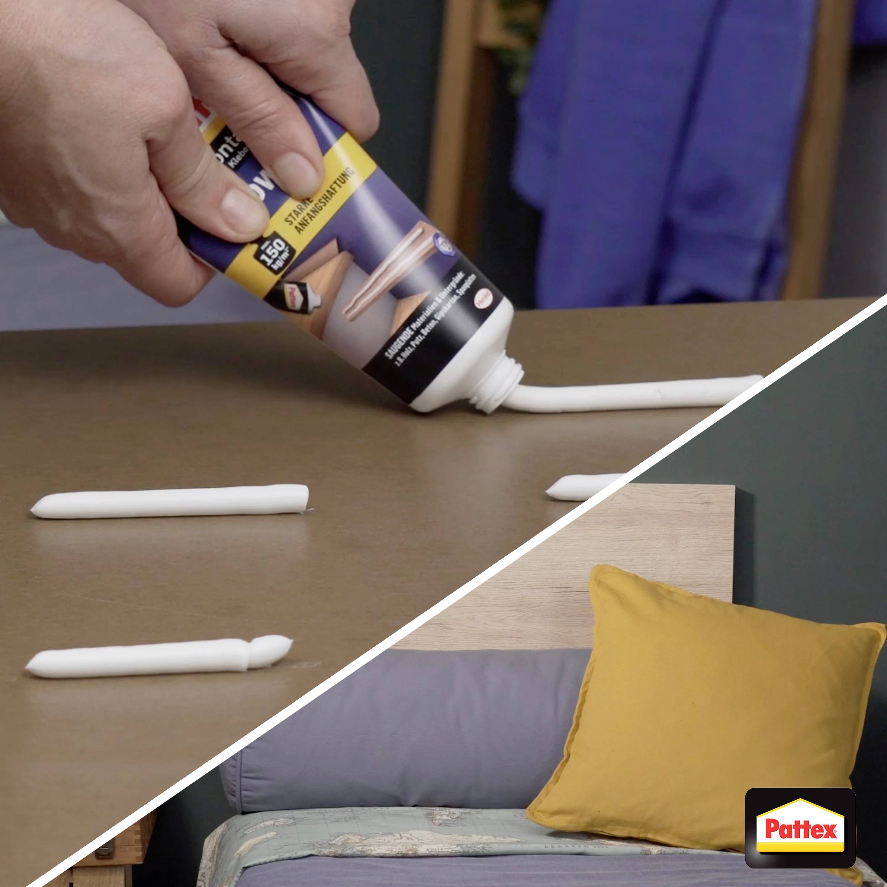 "A hand applies wood glue to two planks. In the lower image, a bed with a yellow pillow can be seen."<br><br>Note: This translation maintains the original meaning and structure while using British English phrasing.