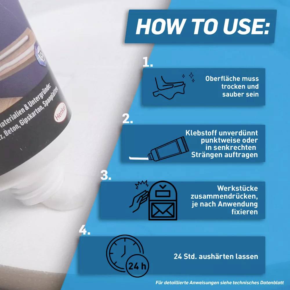 Image shows four steps for applying a product: Clean surface, apply adhesive undiluted, press parts together, allow to cure for 24 hours.