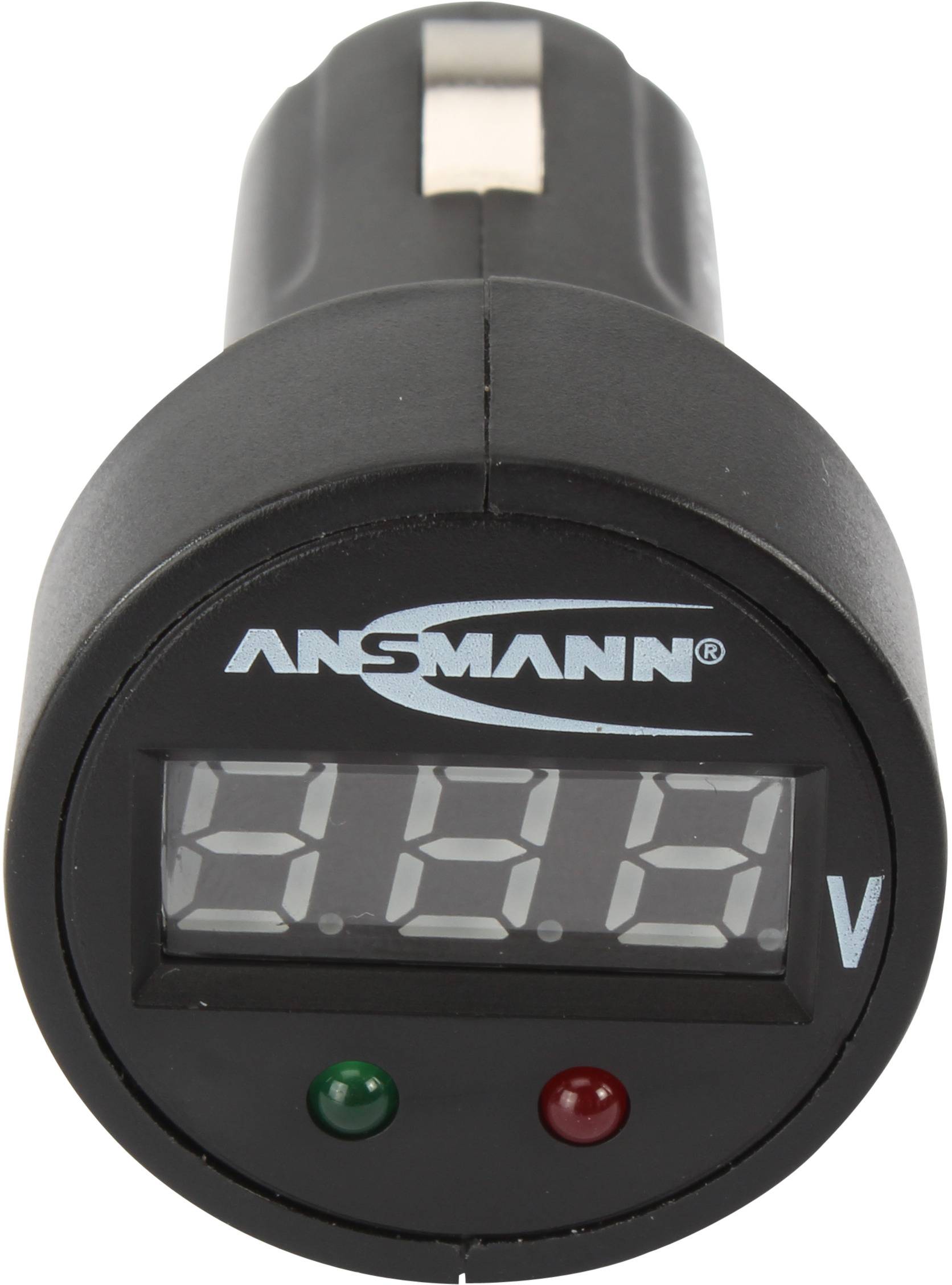 A digital voltage metre with a display showing '12.3 V'. Above the text 'Ansmann', below two LEDs, one green, one red.