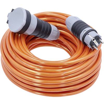 Coiled orange heavy-duty extension cord with industrial plugs on both ends, shown on a white background.