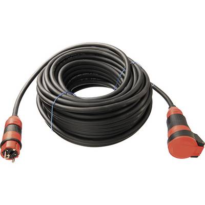 Black extension lead with red plugs, coiled. Suitable for outdoor use or heavy-duty machinery.