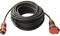 Black extension lead with red plugs, coiled. Suitable for outdoor use or heavy-duty machinery.