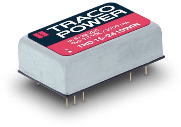 Electronic voltage converter from TRACO POWER, model THD 15-2410WIN. Input: 9-36 VDC, Output: 24 VDC, 2700 mA.