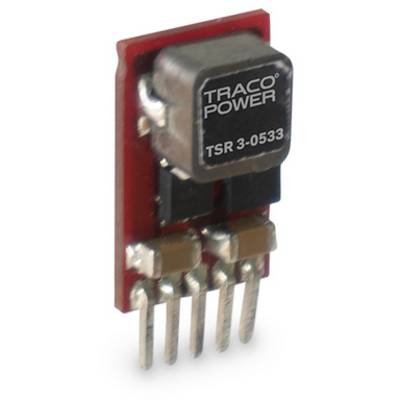 Voltage regulator by Traco Power, model number TSR 3-0533, with five metal pins, mounted on a red circuit board.