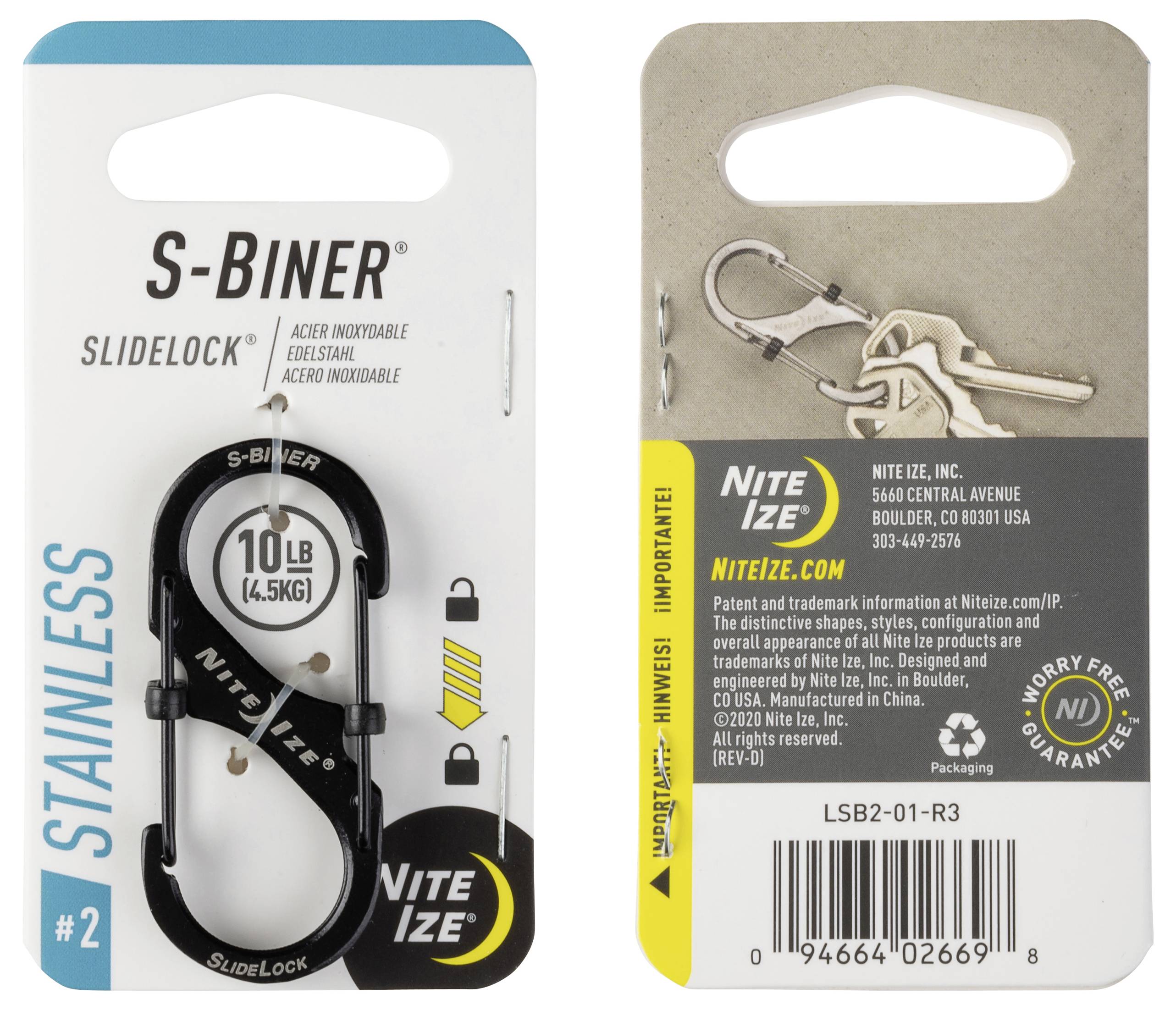 'S-Biner' slide lock carabiner, stainless steel, holds 10 lb (4.5 kg). Packaging shows product features, brand (Nite Ize), and manufacturer details.
