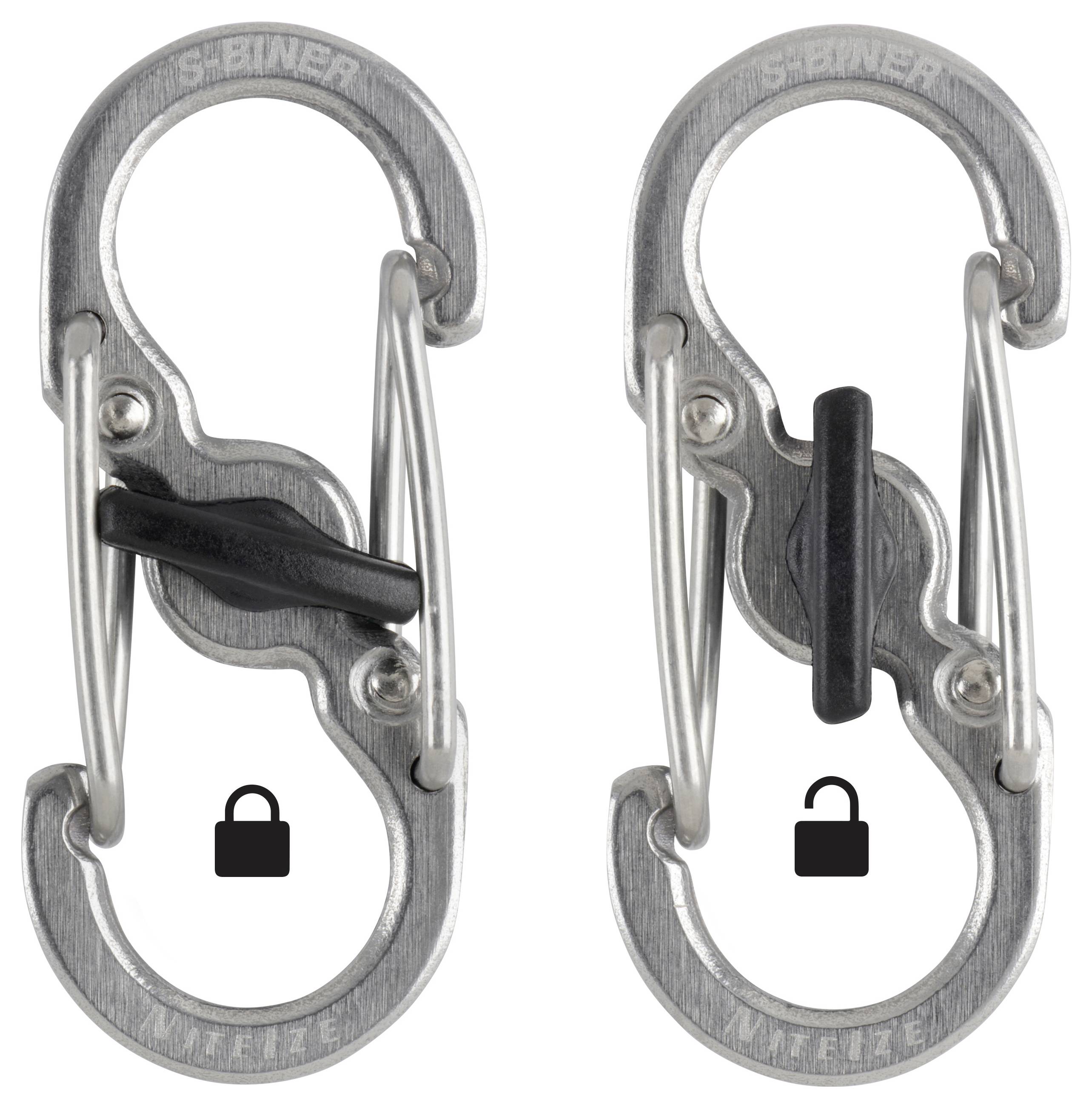 Two metal carabiners with S-shaped design, showing locked and unlocked positions. Lock symbols differentiate secured and open states.