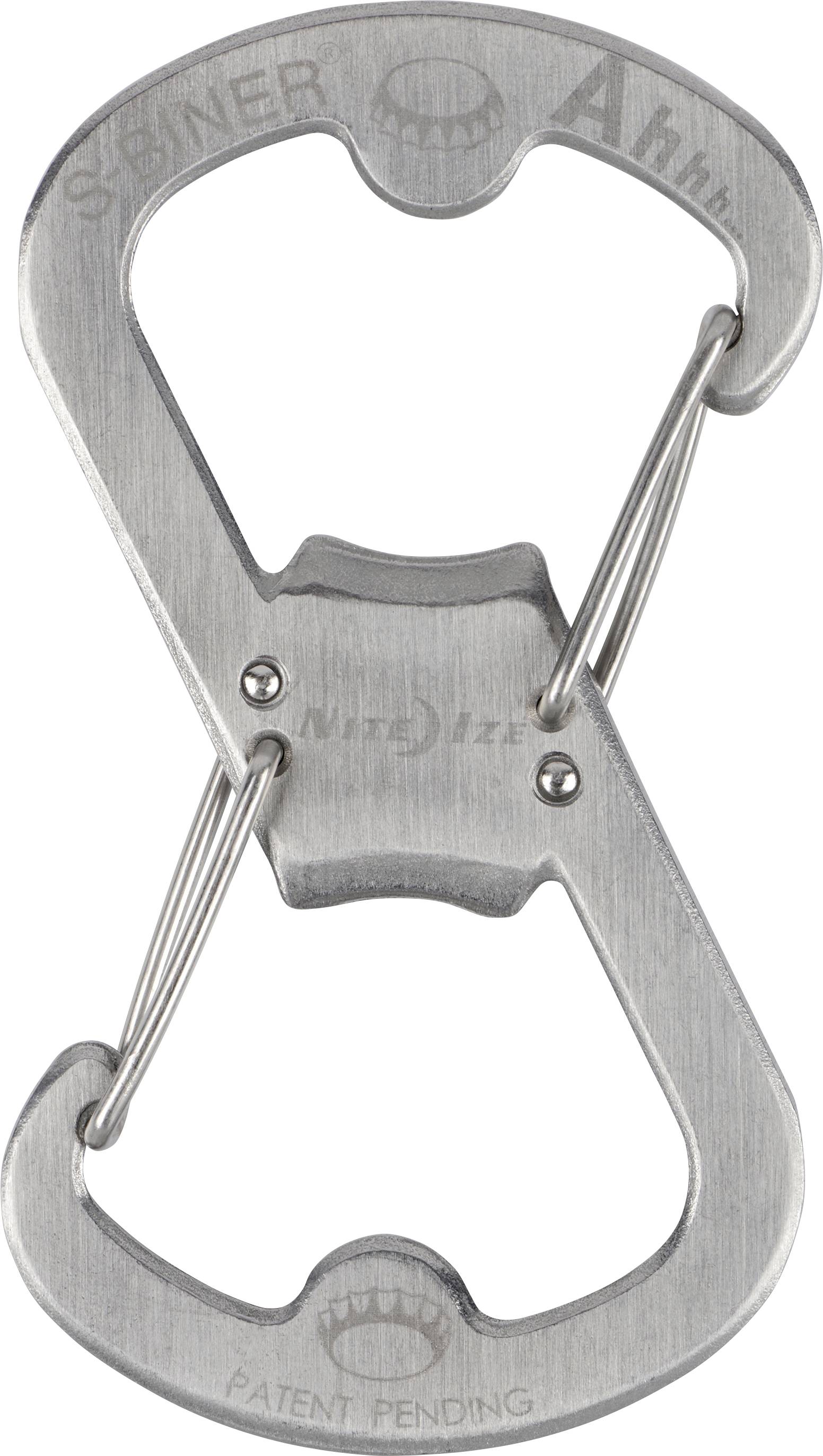 A metal multitool shaped like an 'S' with two carabiner hooks and a bottle opener. Engraved with 'Ahhh' and 'Patent Pending'.