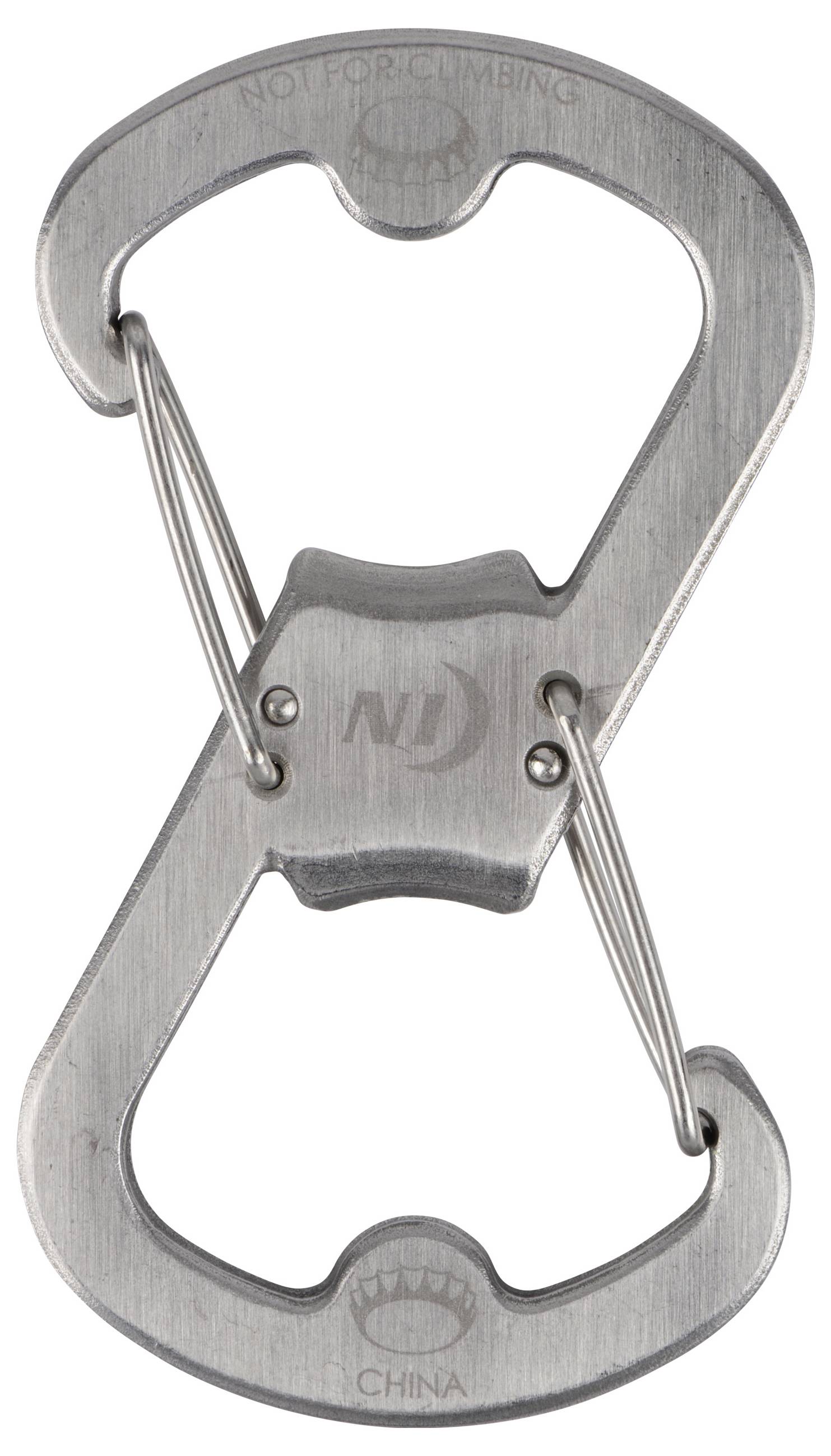 A metal S-shaped carabiner with two spring-loaded gates. Engraved with 'NOT FOR CLIMBING' on top and 'CHINA' at the bottom.