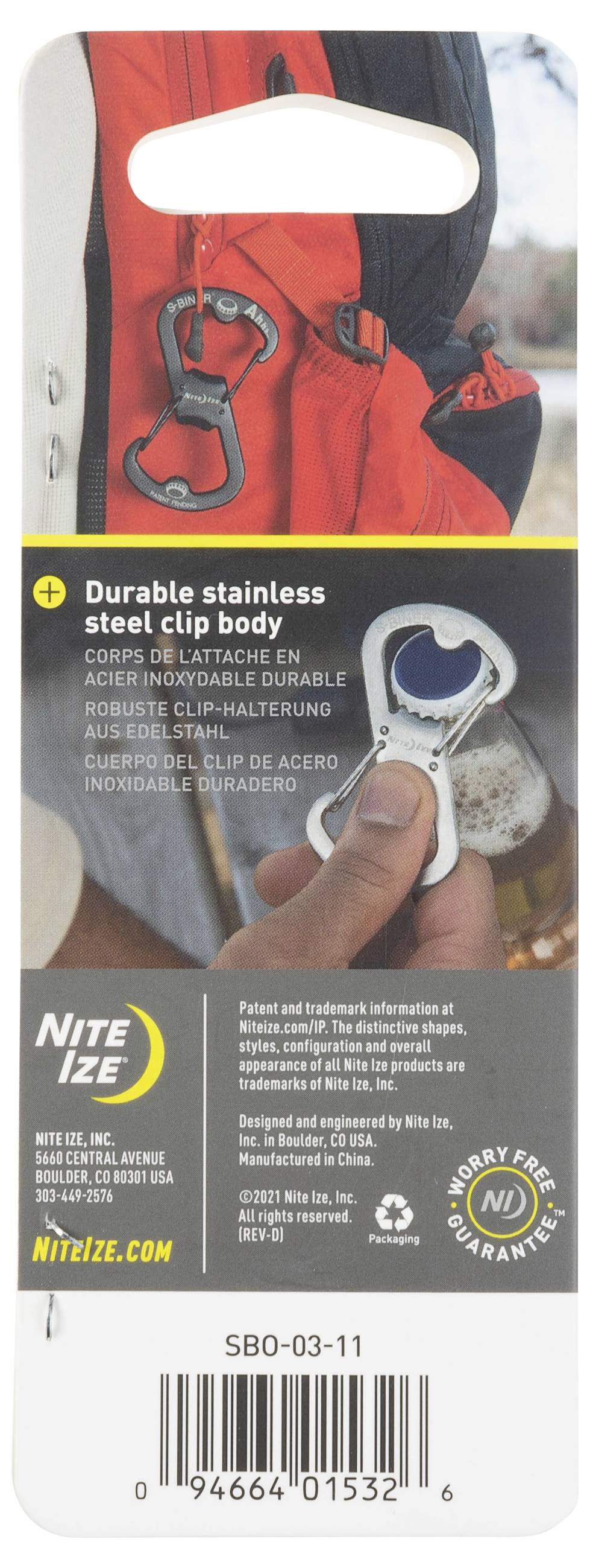Packaging for a bottle opener carabiner keychain. Image shows a person using the tool on a bottle and it clipped onto a backpack.