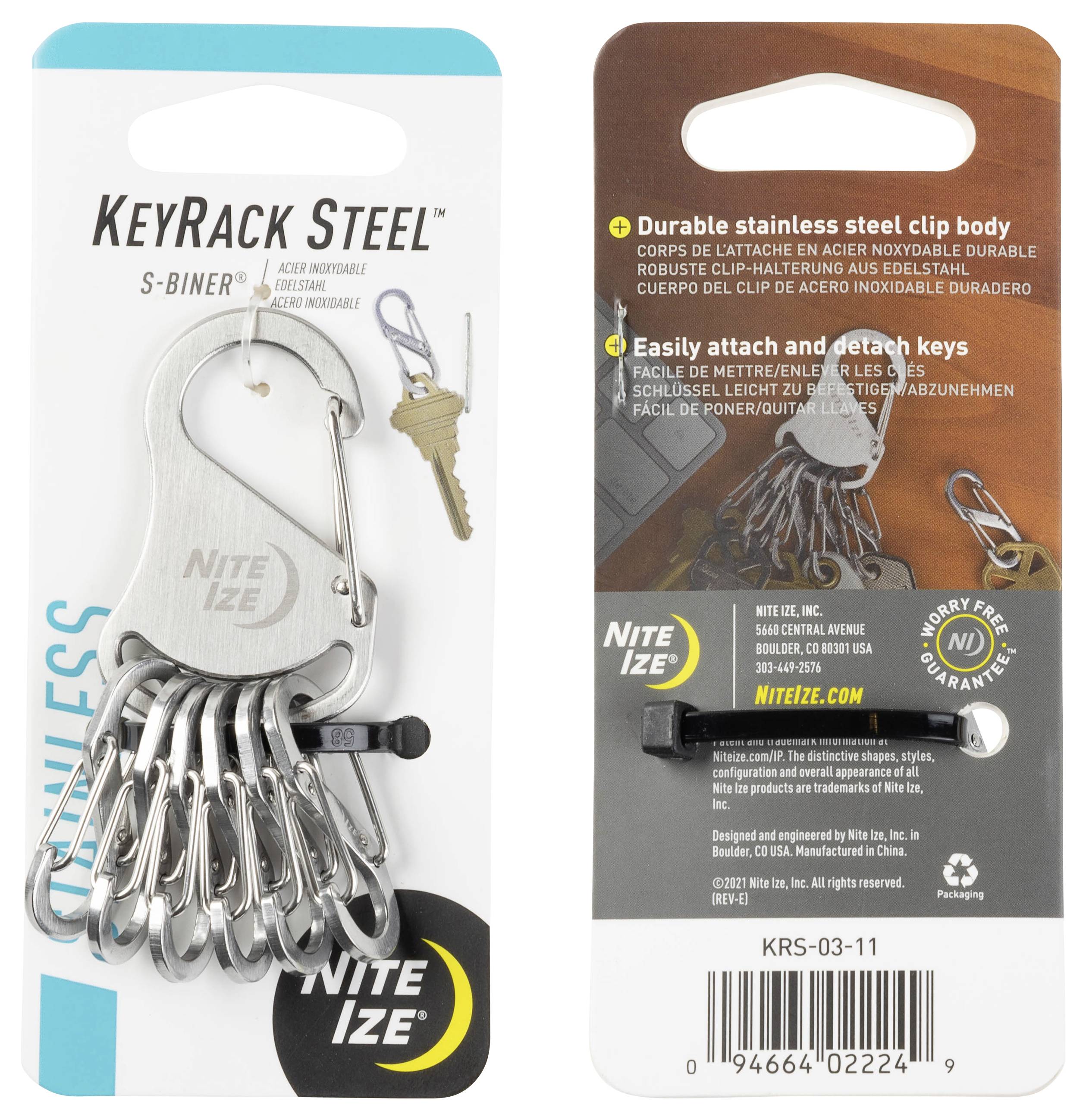 'KeyRack Steel' packaging showing stainless steel S-Biner clips and keys. Highlighted features: durable body, easy attach for keys.