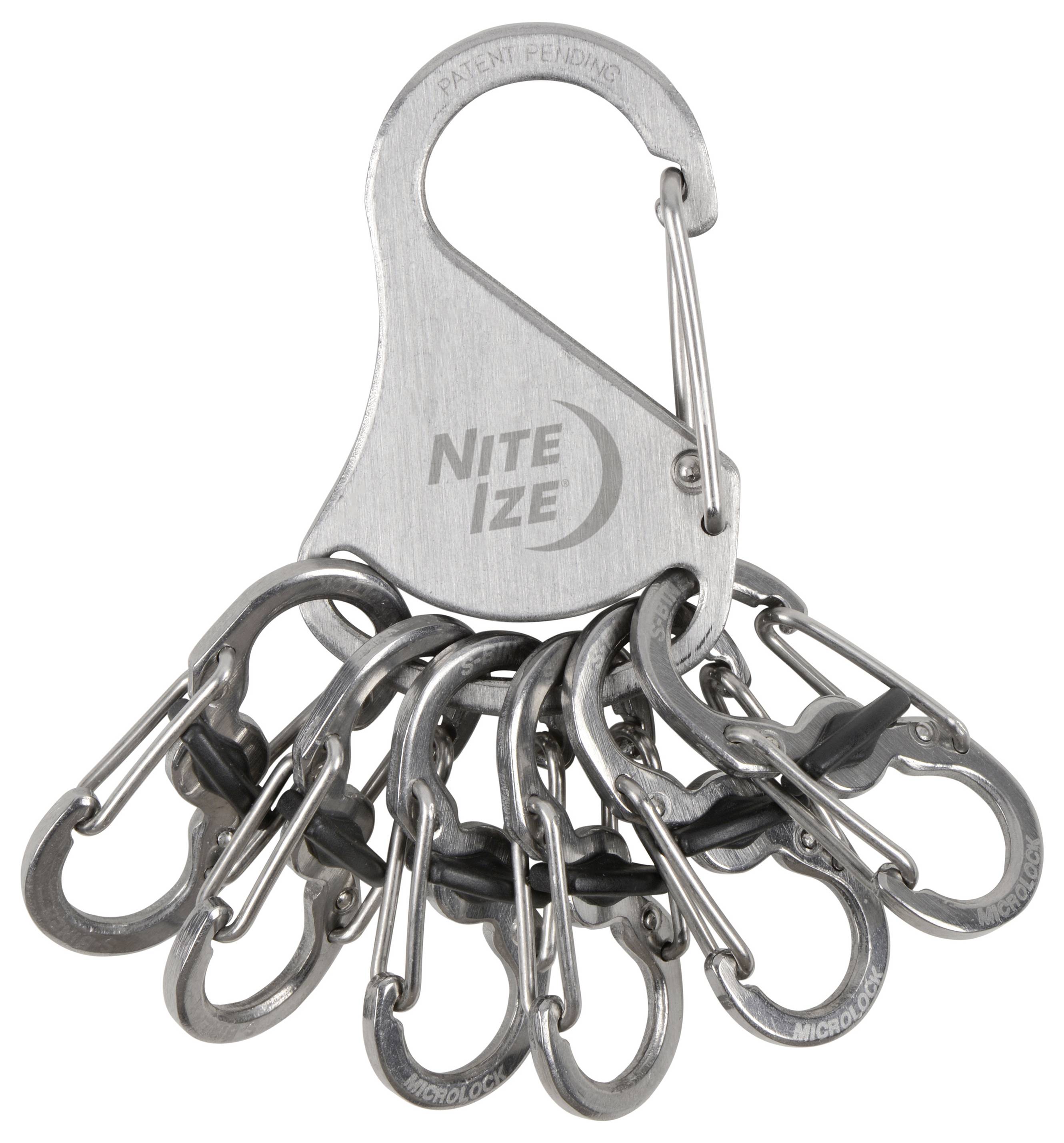 A metal carabiner key holder with multiple small clips attached, labeled 'Nite Ize,' designed to organize and secure keys efficiently.