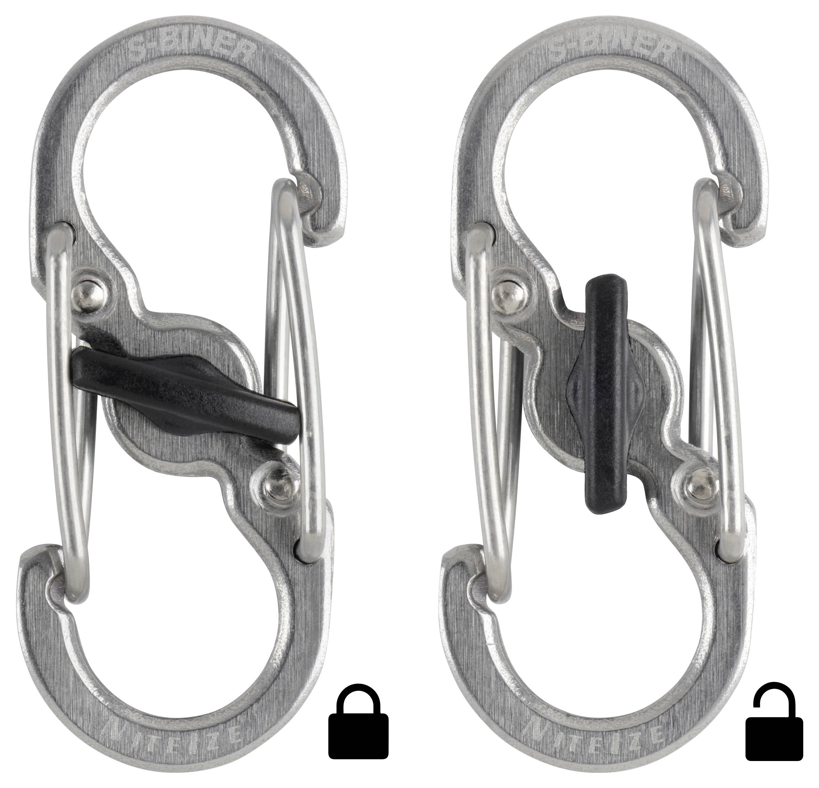 Two metal carabiners with a locking mechanism, shown in locked (left) and unlocked (right) positions. Lock icon displayed below each.