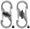Two metal carabiners with a locking mechanism, shown in locked (left) and unlocked (right) positions. Lock icon displayed below each.