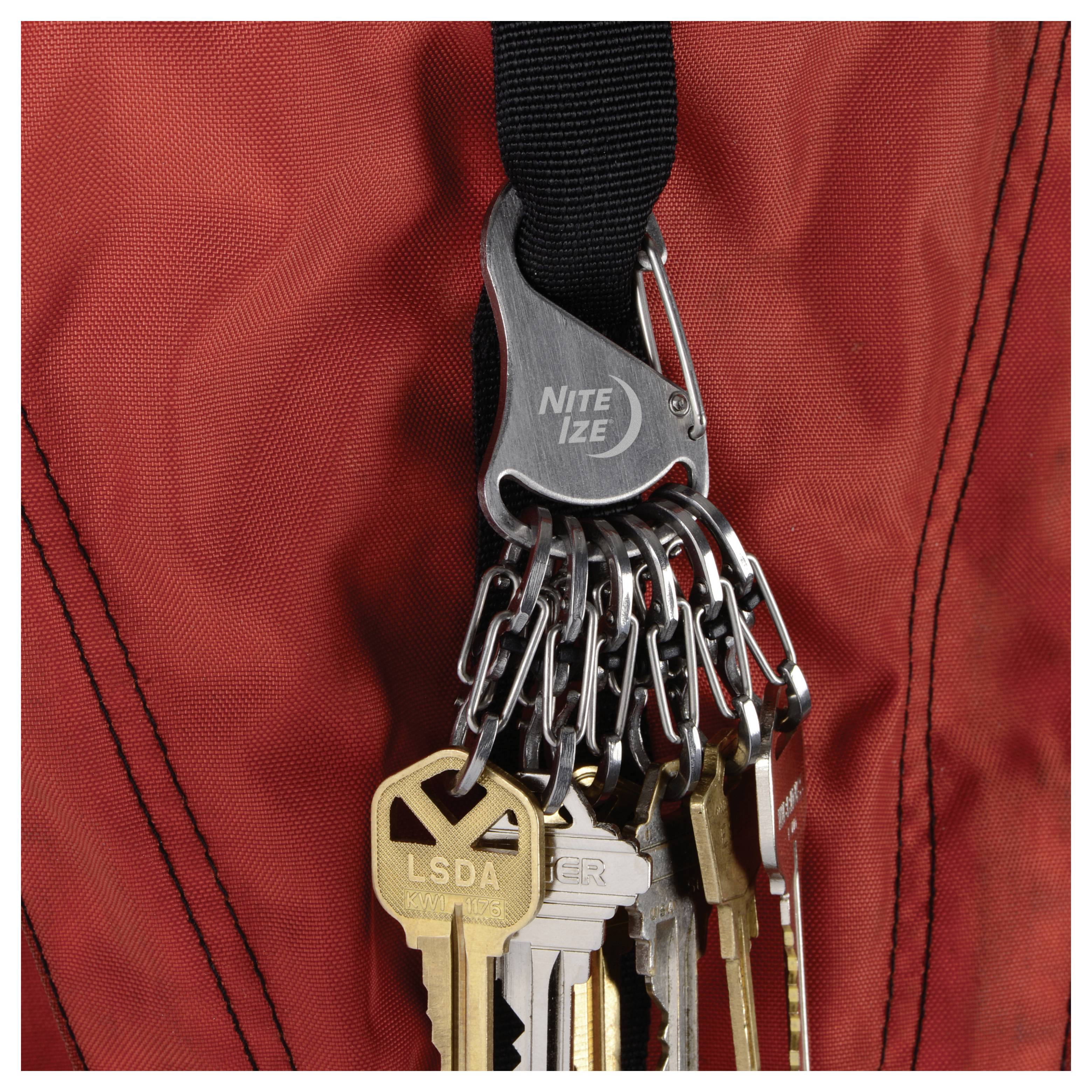 'A cluster of keys attached to a black carabiner on a red fabric background.'