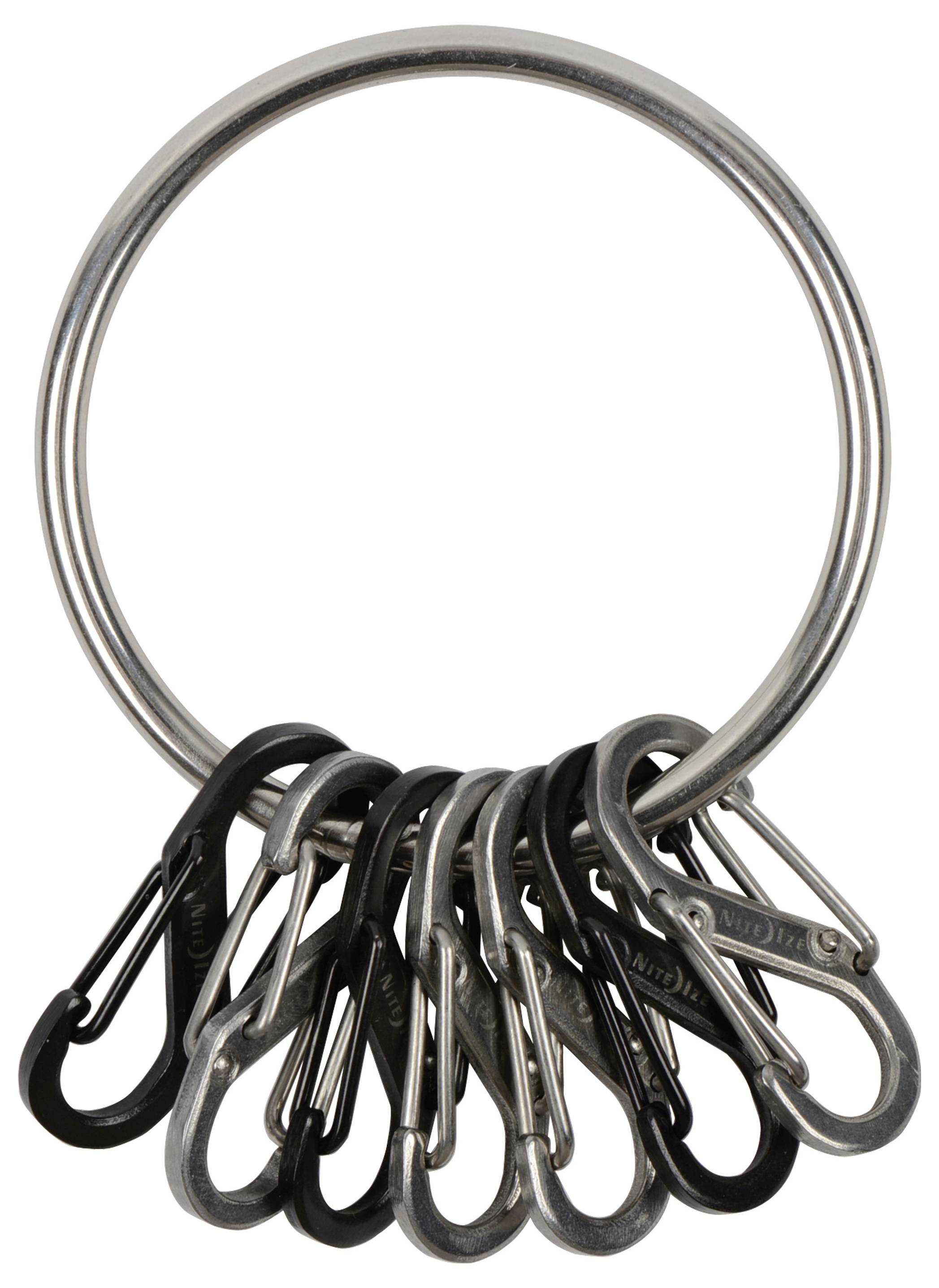 A keyring with multiple metal carabiner clips attached, displayed against a white background.