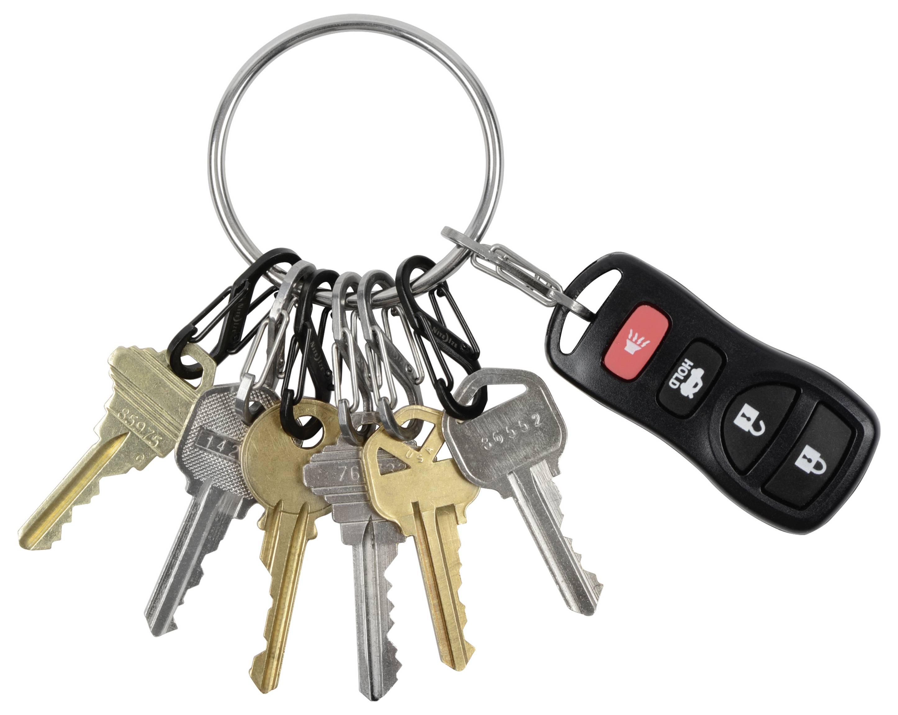 A keyring with seven different keys and a black car remote with red and white buttons for lock, unlock, and alarm.