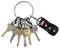 A keyring with seven different keys and a black car remote with red and white buttons for lock, unlock, and alarm.