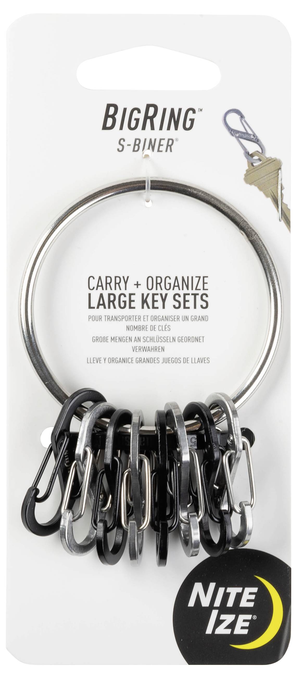 Package of BigRing S-Biner with multiple small carabiner clips for organizing large key sets by Nite Ize.