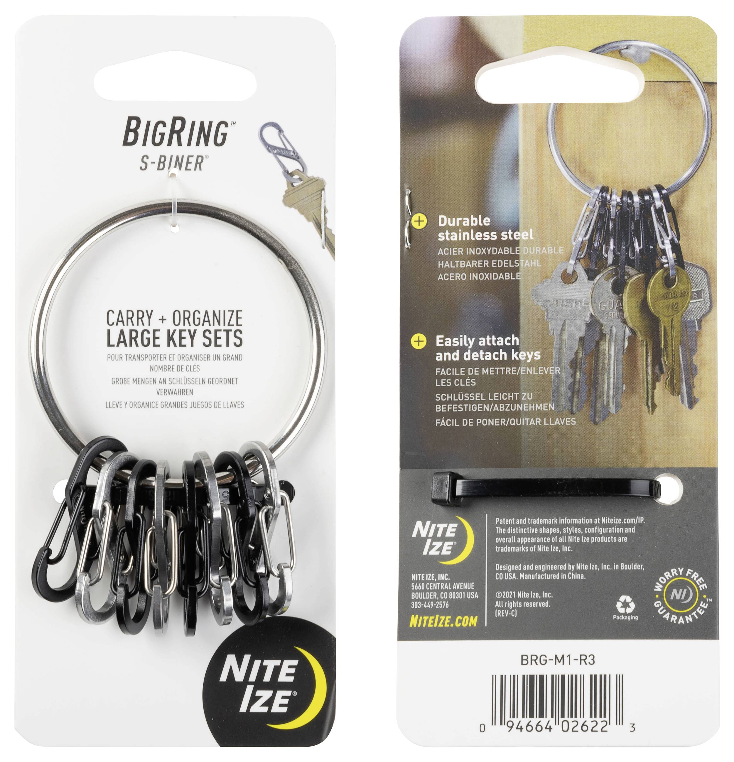 Key ring package showing 'BIGRING S-BINER' with multiple attached S-biners. Text highlights 'Easily attach and detach keys.'