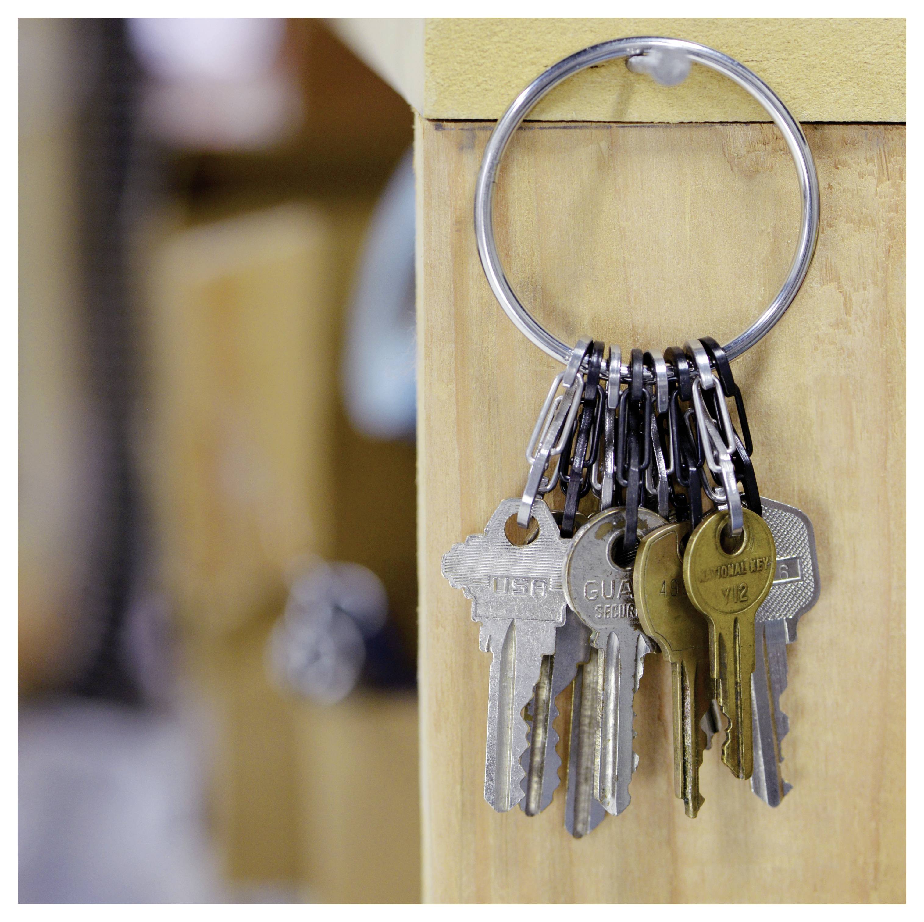 A metal keyring holds several keys hanging from a wooden surface, suggesting access or security. The background is blurred.