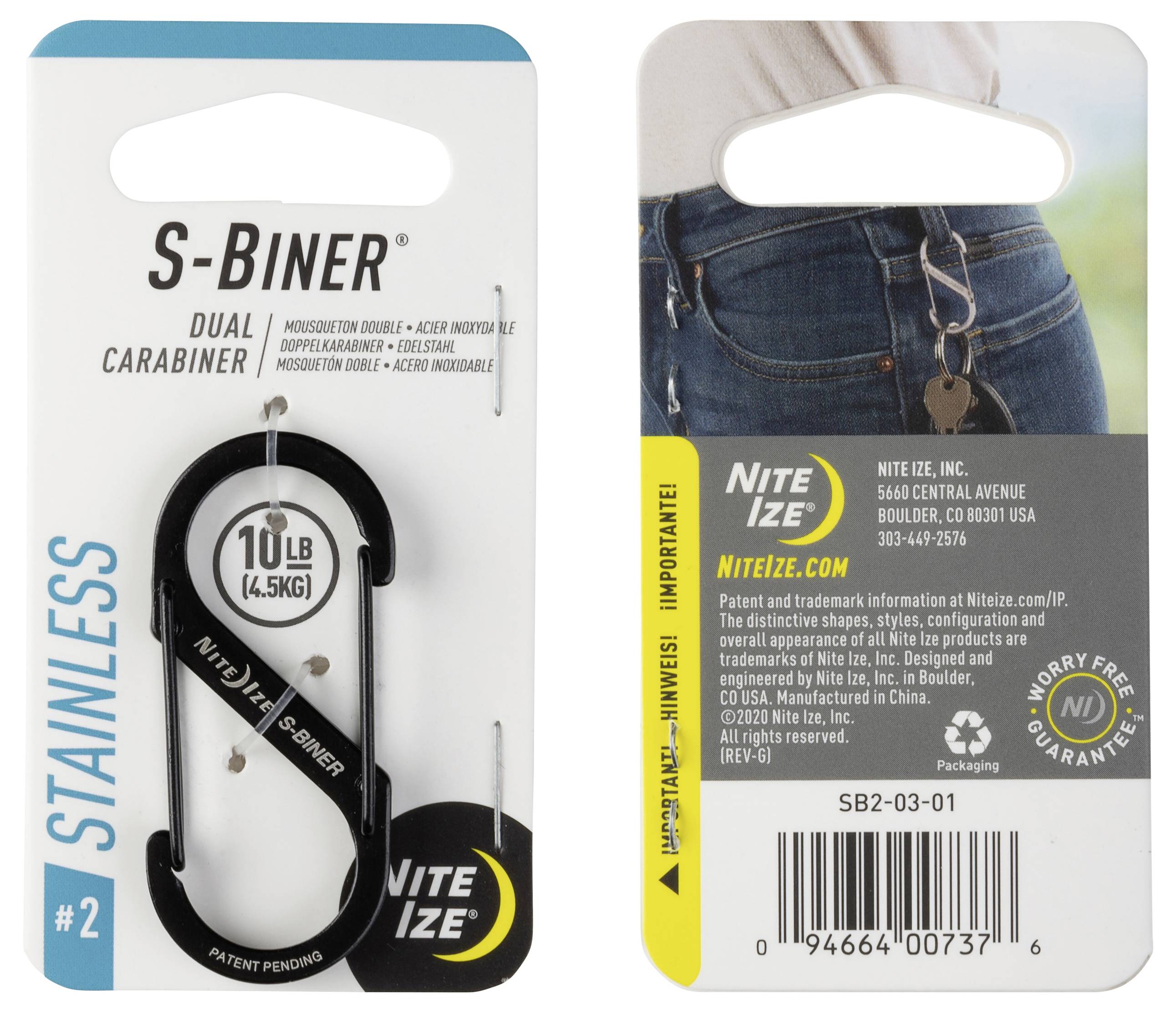 'Two packs of S-Biner carabiners: left pack shows a black carabiner with 10 lb capacity on white background; right shows carabiner on jeans.'