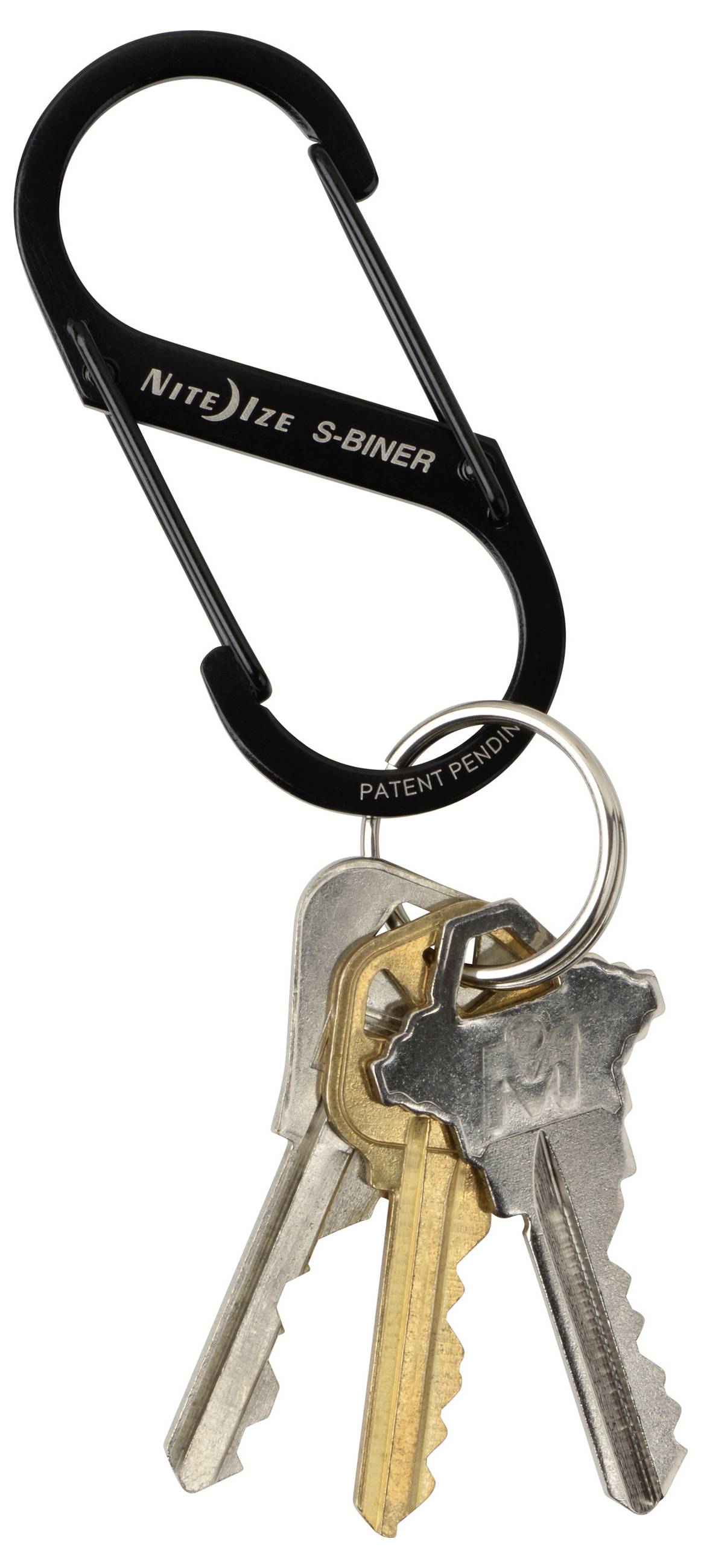 A black 'S-Biner' carabiner holds a set of three metal keys, each varying slightly in shape and color, used for securing and organizing.
