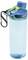 A blue CamelBak water bottle with green accents and a black carabiner attached to the lid.