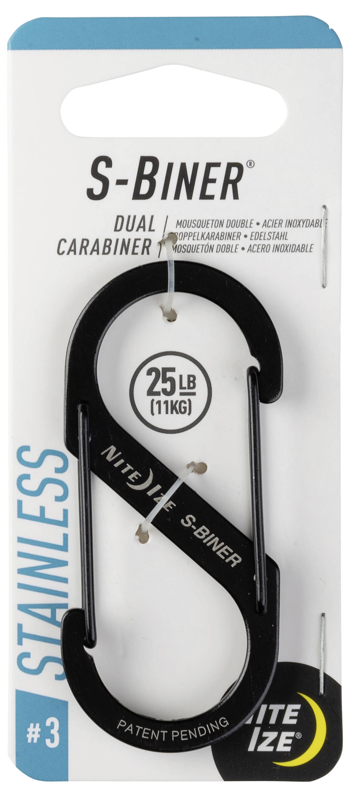 'S-Biner Dual Carabiner Stainless Steel', max weight 25 lb (11 kg). Black, size #3. Packaged vertically, by Nite Ize.