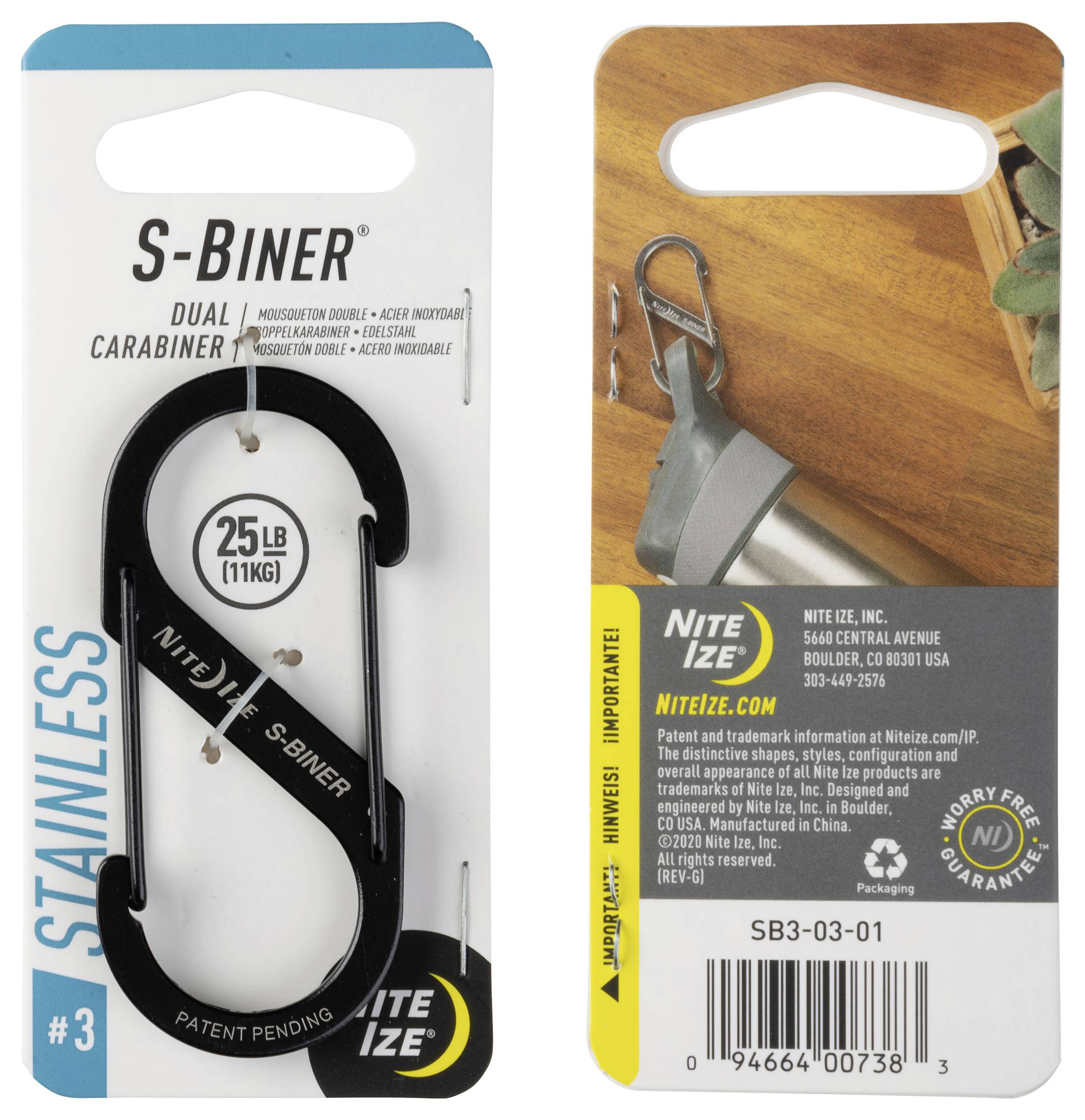 Front and back packaging of a Nite Ize S-Biner, size #3, with a 25 lb (11 kg) weight limit, made of stainless steel.