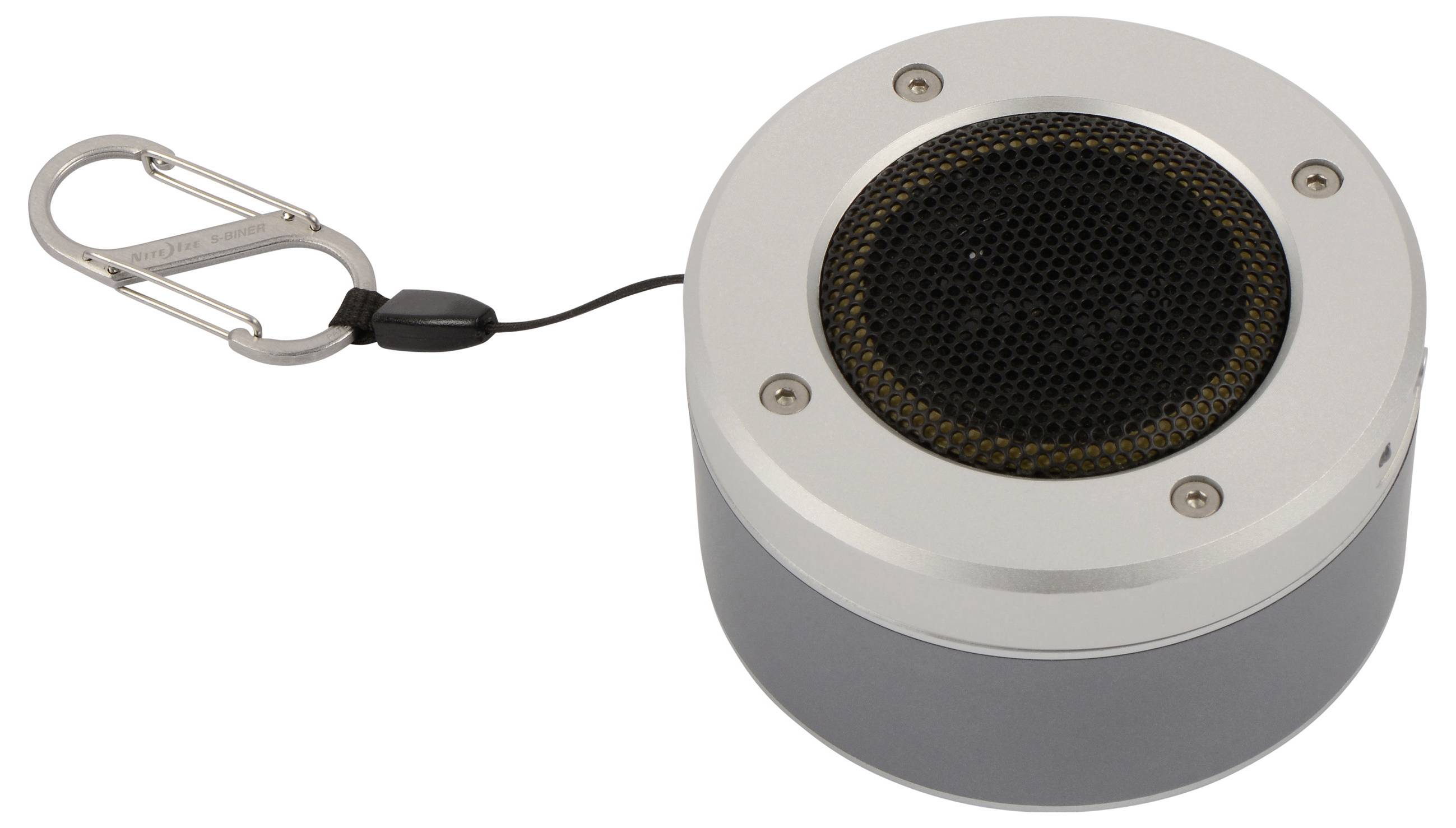 A small, silver portable speaker with a carabiner attached, designed for easy carrying.