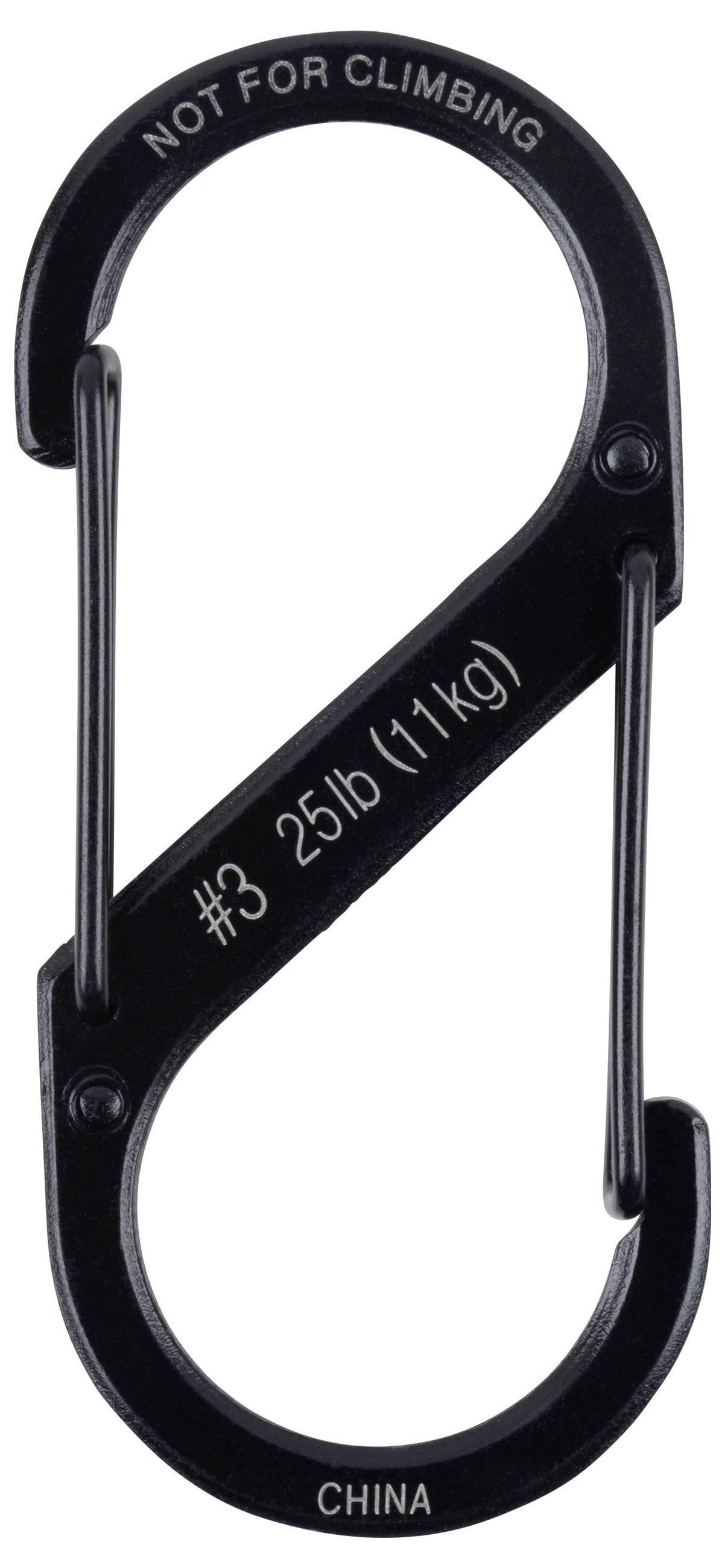 A black S-shaped carabiner with two latches. Marked 'Not for climbing', holds up to 25 lb (11 kg). Made in China.