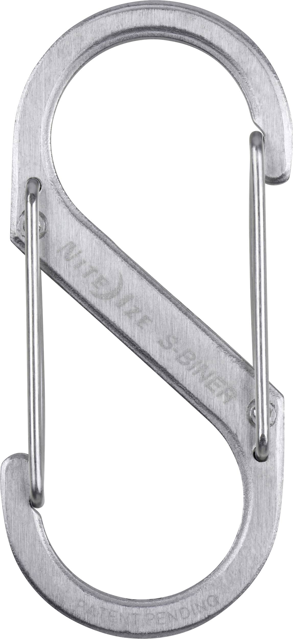 An S-shaped stainless steel carabiner with dual spring-loaded gates is shown. The text on it reads 'Nite Ize S-Biner'.