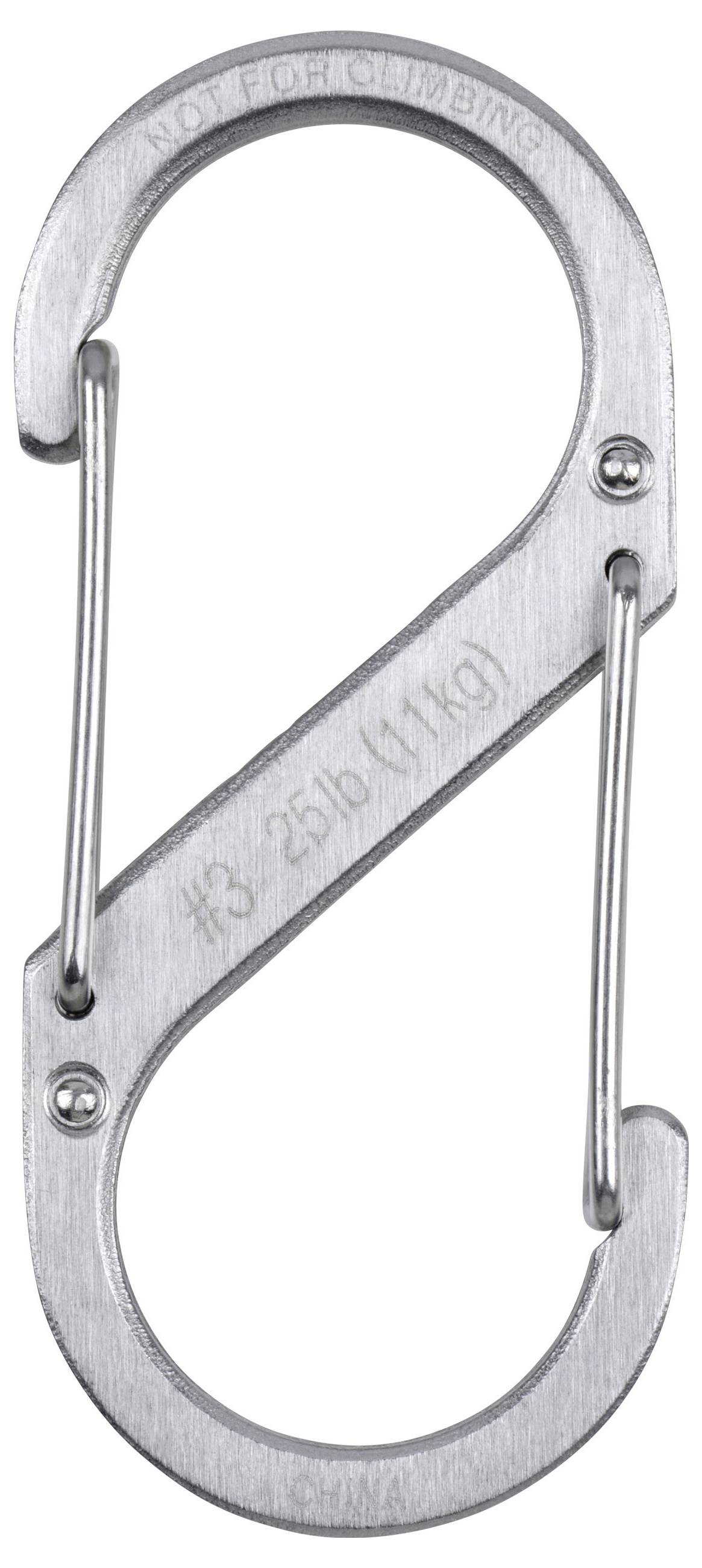 A metal S-shaped carabiner with two spring-loaded gates, marked '#3 25lb (11kg)', not for climbing use.