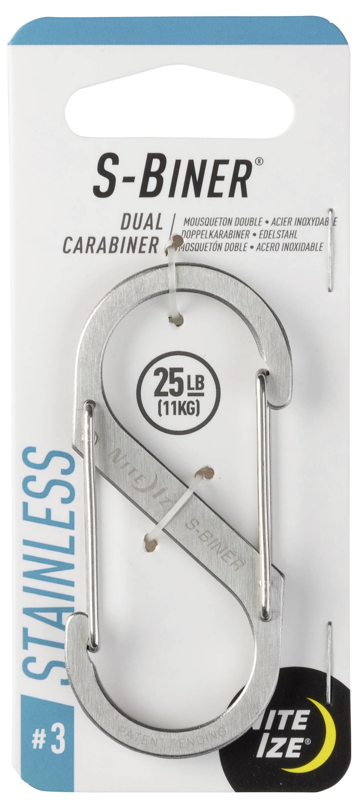 'S-Biner Dual Carabiner' packaging with a silver, stainless steel carabiner designed to hold up to 25 lbs (11 kg).