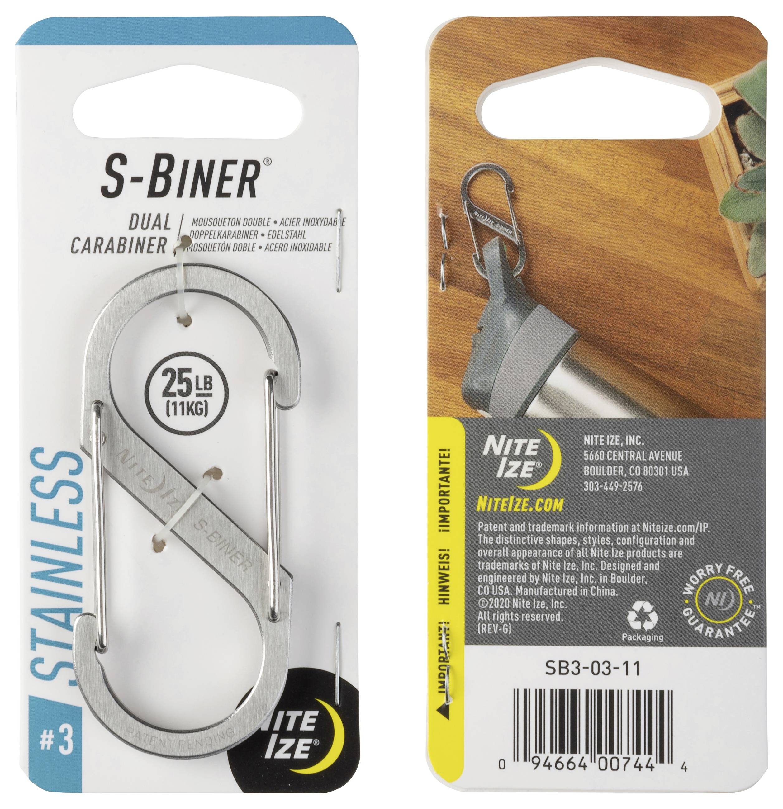 Front and back of an S-Biner packaging. Front shows a metal clip labeled '25LB (11KG)', with 'STAINLESS' on the side. Back has product use, safety tips, and contact info for Nite Ize, Inc.