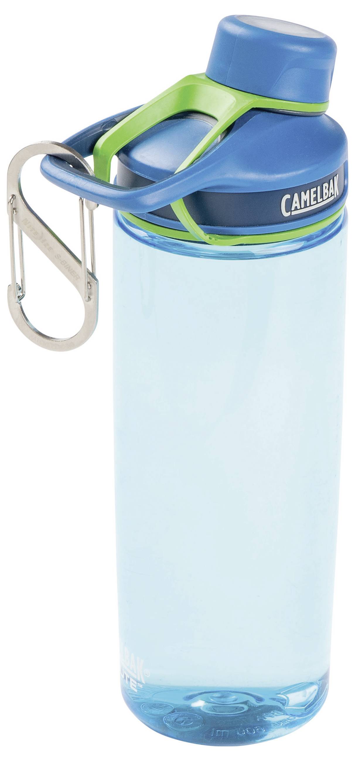 A blue CamelBak water bottle with a green and blue cap and a metal carabiner attached for easy carrying.